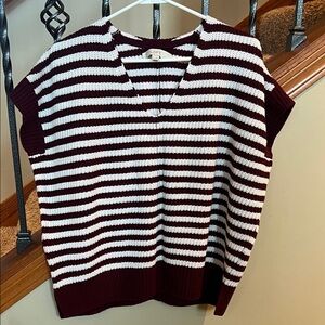 LOFT Burgundy and White Striped V-Neck Sweater Vest